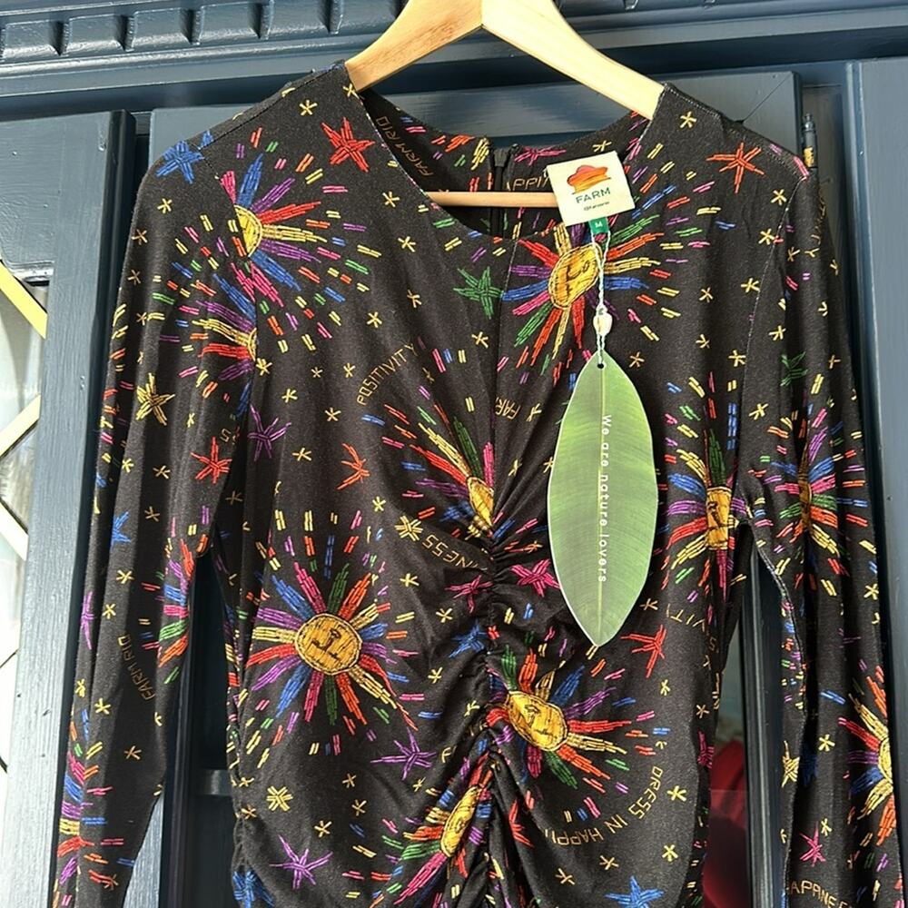 FARM RIO Rainbow Suns Ruched Midi Dress, Eco Viscose, Size Medium. NWT - Picture 13 of 15